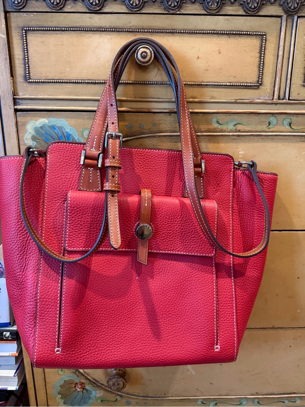 Dooney & Bourke Red Pebbled Leather Tote with classic Brown Handles - Picture 12 of 12